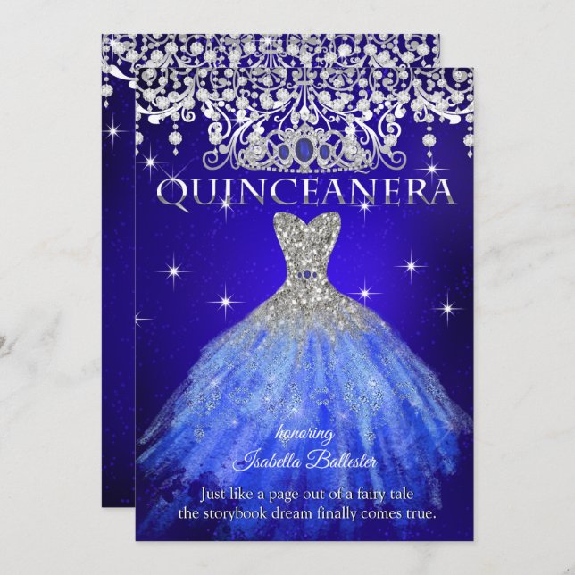 Quinceanera 15th Birthday Royal Blue Tiara Invitation (Front/Back)