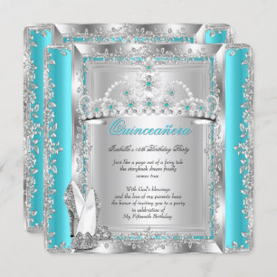 Quinceanera 15th Birthday Teal Blue Silver Tiara a Invitation