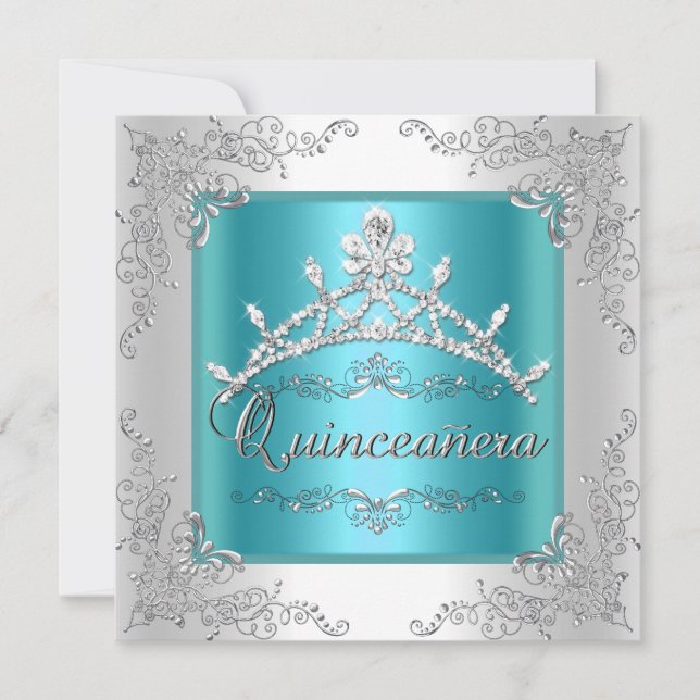 Quinceanera 15th Birthday Teal Blue Silver Tiara Invitation (Front)