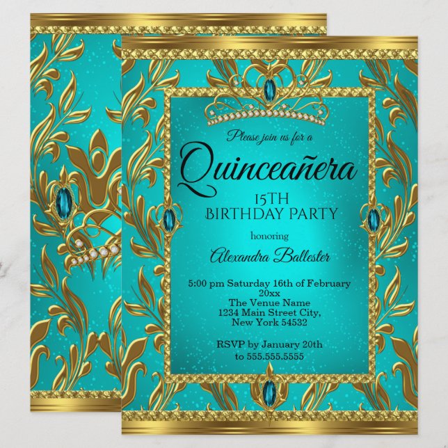 Quinceanera 15th Birthday Teal Blue Tiara Gold Invitation (Front/Back)