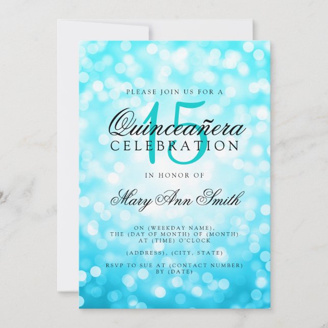 Quinceanera 15th Birthday Turquoise Bokeh Lights Invitation (Front)