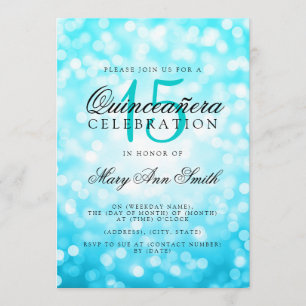 Quinceanera 15th Birthday Turquoise Bokeh Lights Invitation