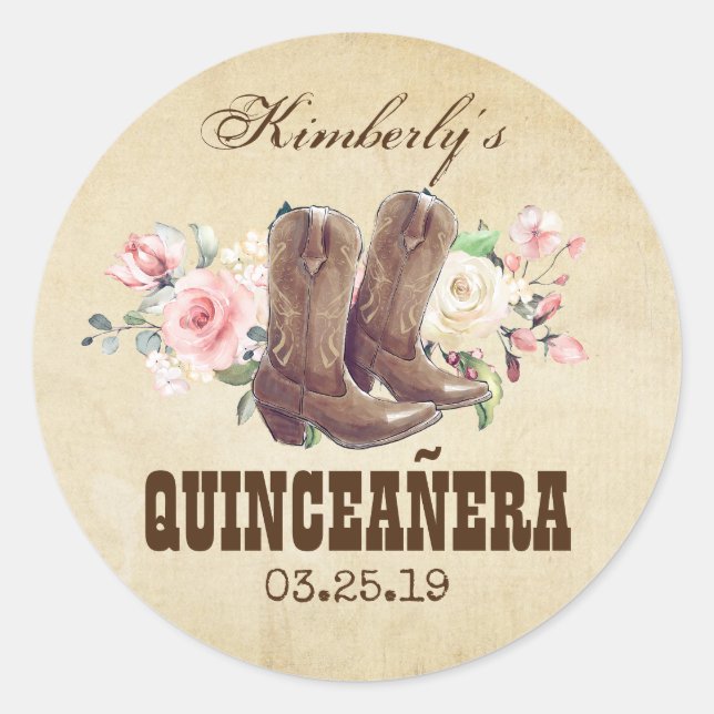 Quinceañera 15th Birthday Western Cowboy Boots Classic Round Sticker (Front)