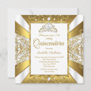 Quinceanera 15th Birthday White Gold Pearl Tiara Invitation