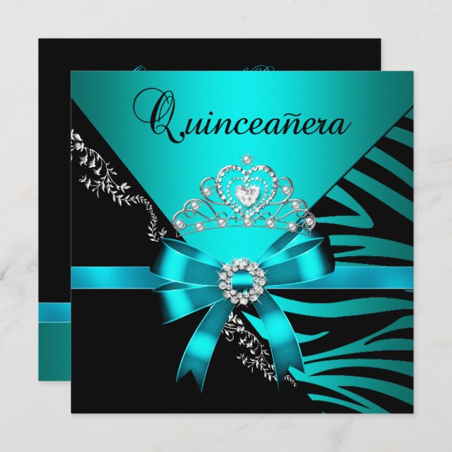 Quinceanera 15th Birthday Zebra Blue Black Tiara Invitation (Front/Back)
