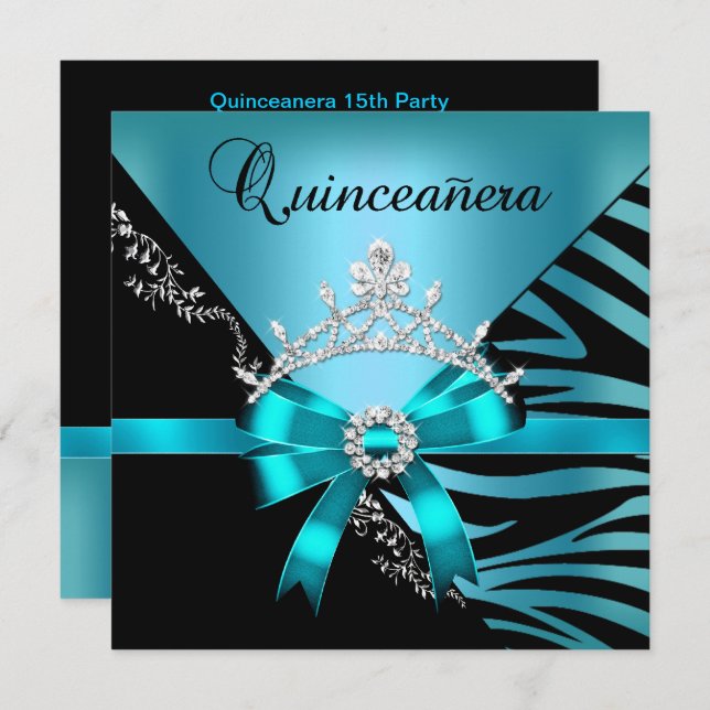 Quinceanera 15th Birthday Zebra Blue Black Tiara Invitation (Front/Back)