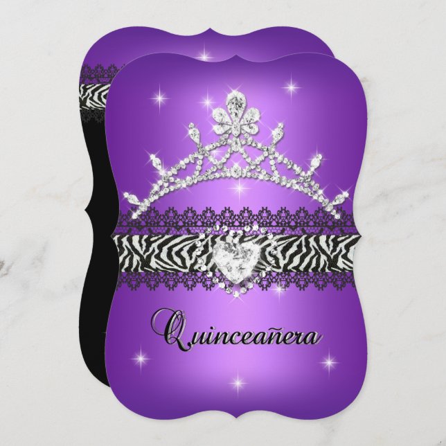 Quinceanera 15th Birthday Zebra Purple Black 2 Invitation (Front/Back)