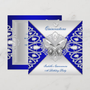 Quinceanera 15th Blue Silver Butterfly Tiara Invitation