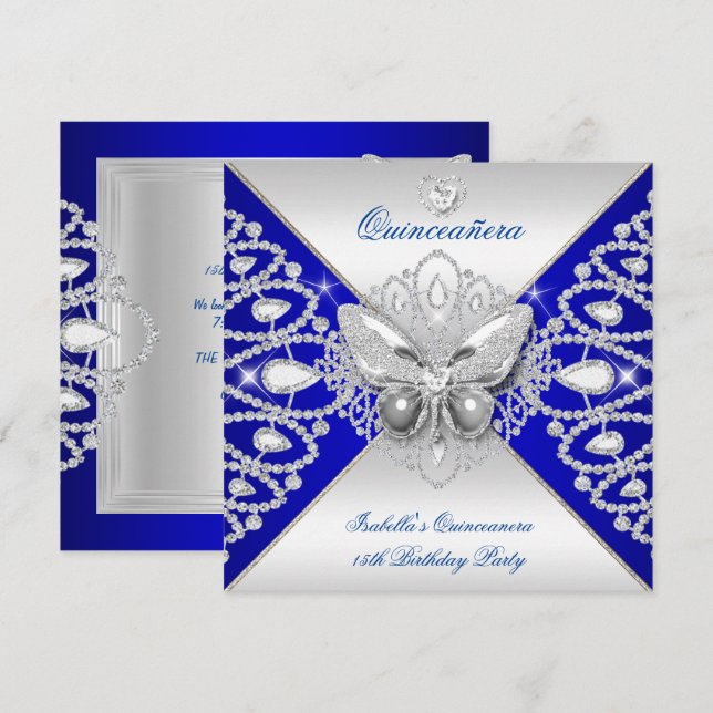Quinceanera 15th Blue Silver Butterfly Tiara  Invitation (Front/Back)