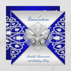 Quinceanera 15th Blue Silver Butterfly Tiara Invitation