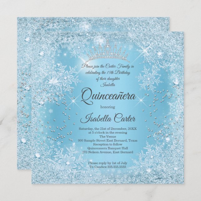 Quinceanera 15th Blue Snowflake Winter Birthday Invitation (Front/Back)