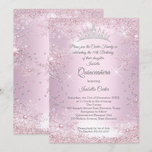 Quinceanera 15th Blush Pink Snowflake Winter Invitation
