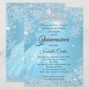 Quinceanera 15th Cinderella Blue Snowflake Winter  Invitation
