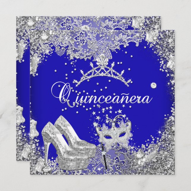 Quinceanera 15th Cobalt Blue Silver Mask Tiara Invitation (Front/Back)