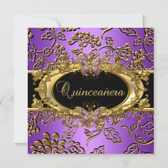 Quinceanera 15th Damask Purple Gold Black Invitation (Front)