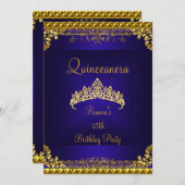 Quinceanera 15th Deep Blue Gold Diamond Tiara Invitation (Front/Back)