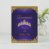 Quinceanera 15th Deep Blue Gold Diamond Tiara Invitation (Standing Front)