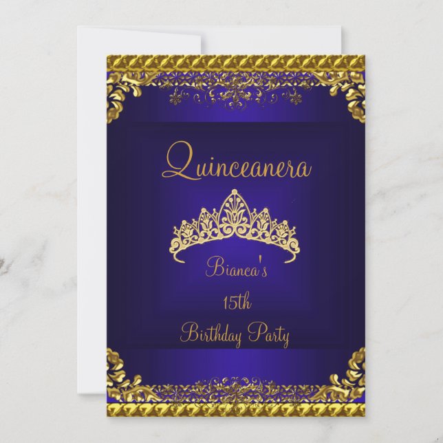 Quinceanera 15th Deep Blue Gold Diamond Tiara Invitation (Front)