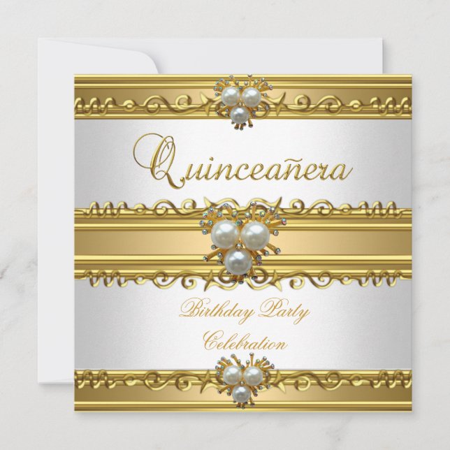 Quinceanera 15th Elegant White Gold Pearl Jewel Invitation (Front)