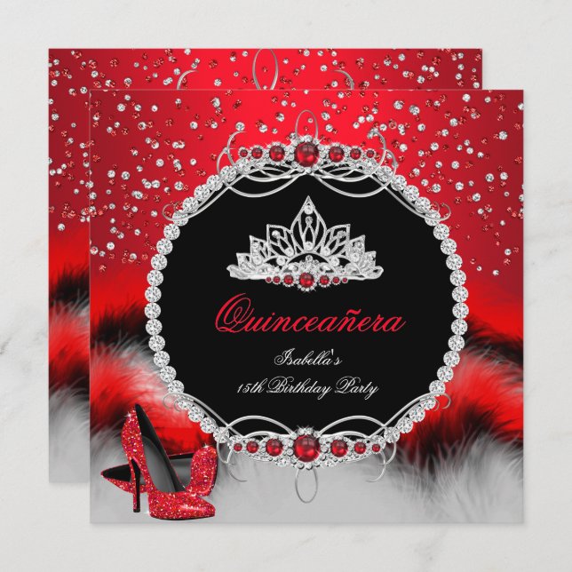 Quinceanera 15th Feather Red Pearl Glamour Heels Invitation (Front/Back)