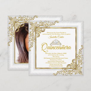 Quinceanera 15th Gold White Pearl Tiara Photo Invitation