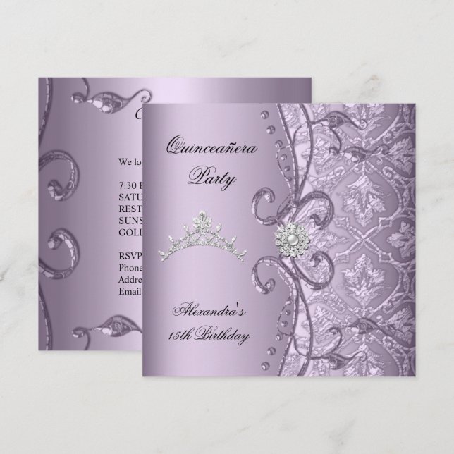 Quinceanera 15th Party Damask Lilac Jewel Image Invitation (Front/Back)