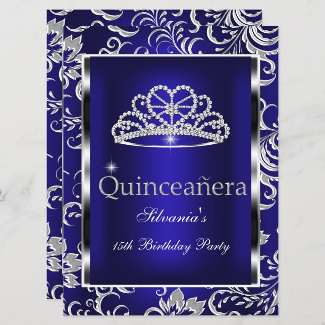 Quinceanera 15th Party Dark Blue Damask Silver Invitation (Front/Back)