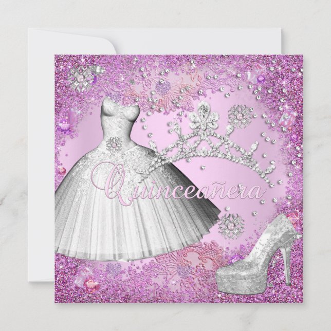 Quinceanera 15th Party Pink Tiara Dress Shoe Invitation (Front)