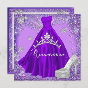 Quinceanera 15th Party Purple Tiara Dress Shoe Invitation