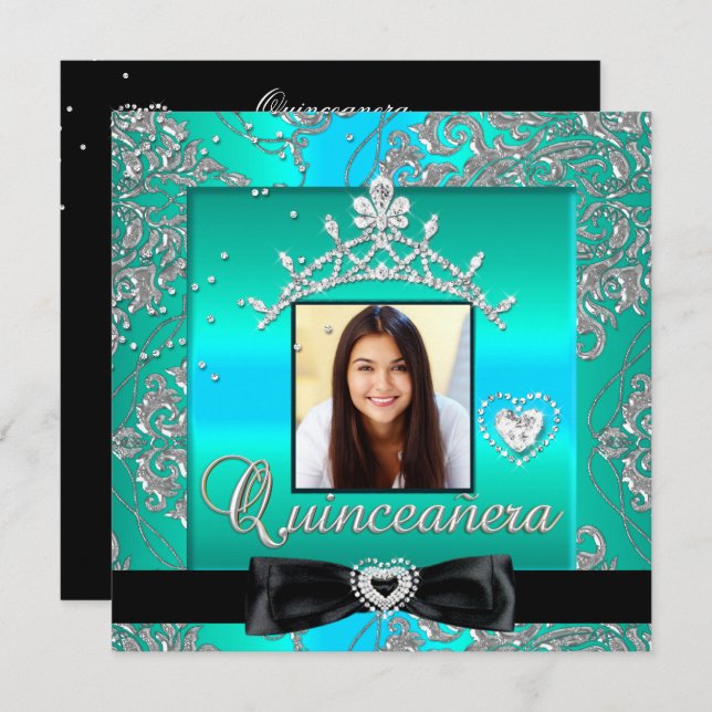 Quinceanera 15th Party Teal Silver Damask Photo Invitation (Front/Back)