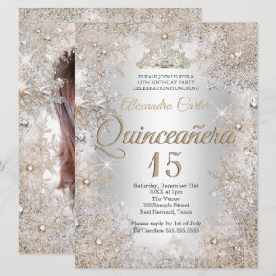 Quinceanera 15th Photo Silver Beige Snowflake Invitation