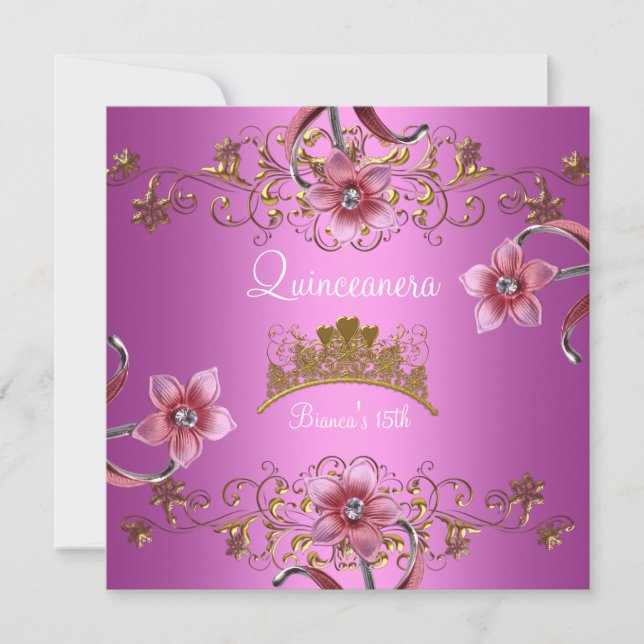 Quinceanera 15th Pink Flowers Gold Tiara Invitation (Front)