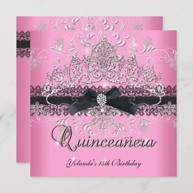 Quinceanera 15th Pink Glitter Tiara Black Bow Invitation (Front/Back)
