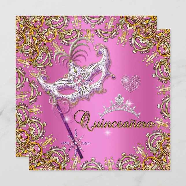 Quinceanera 15th Pink Masquerade Party Gold Invitation (Front/Back)