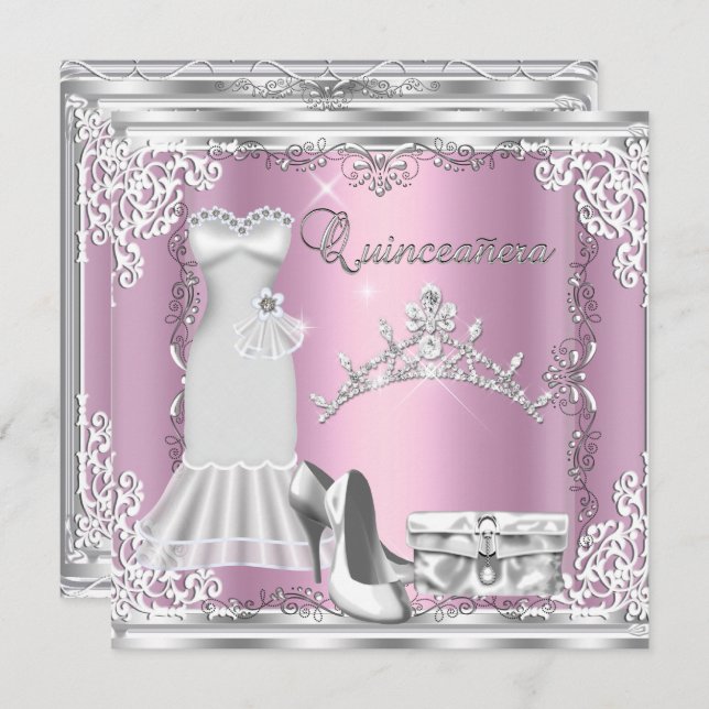 Quinceanera 15th Pink Silver Diamond Tiara Invitation (Front/Back)