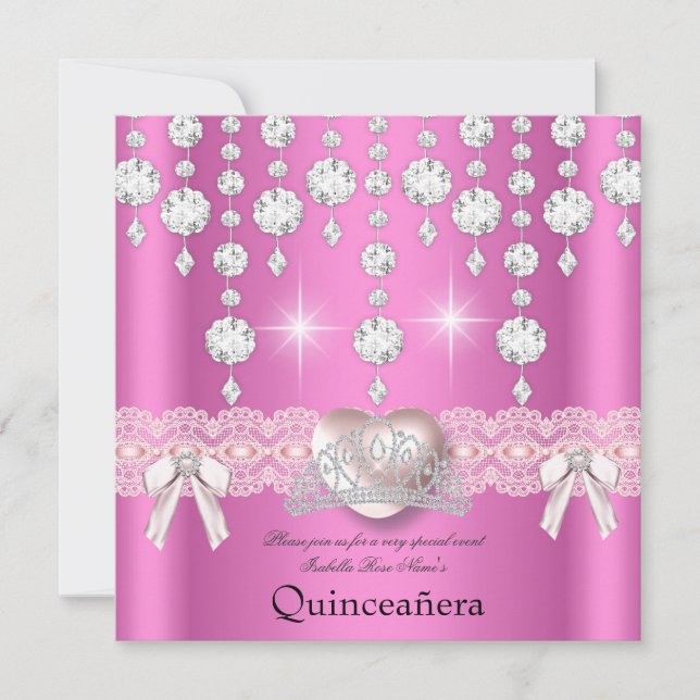 Quinceanera 15th Pink Silver Heart Diamonds 3 Invitation (Front)