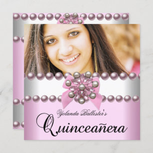 Quinceanera 15th Pink White Pink Pearl Bow Photo Invitation