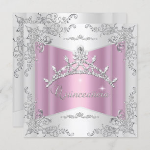 Quinceanera 15th Pink White Silver Tiara Invitation