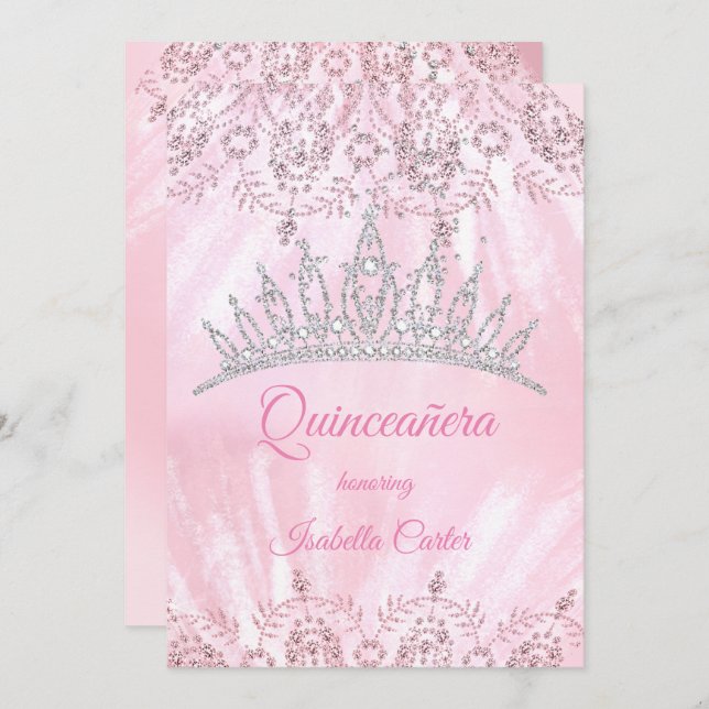 Quinceanera 15th Pretty Pink glitter Tiara party Invitation (Front/Back)