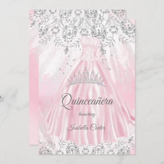 Quinceanera 15th Pretty Pink Silver Dress glitter Invitation (Front/Back)
