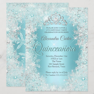 Quinceanera 15th Pretty Silver Teal blue Snowflake Invitation