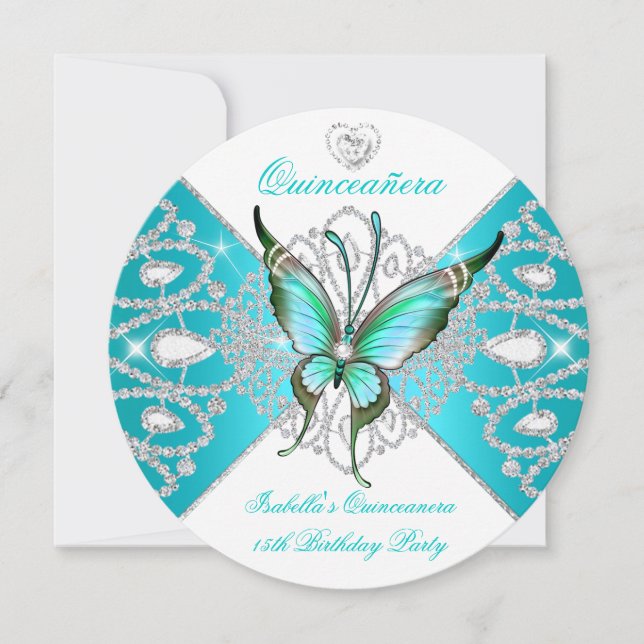 Quinceanera 15th Pretty Teal Blue Butterfly New Invitation (Front)