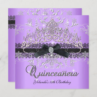 Quinceanera 15th Purple Glitter Tiara Black Bow Invitation