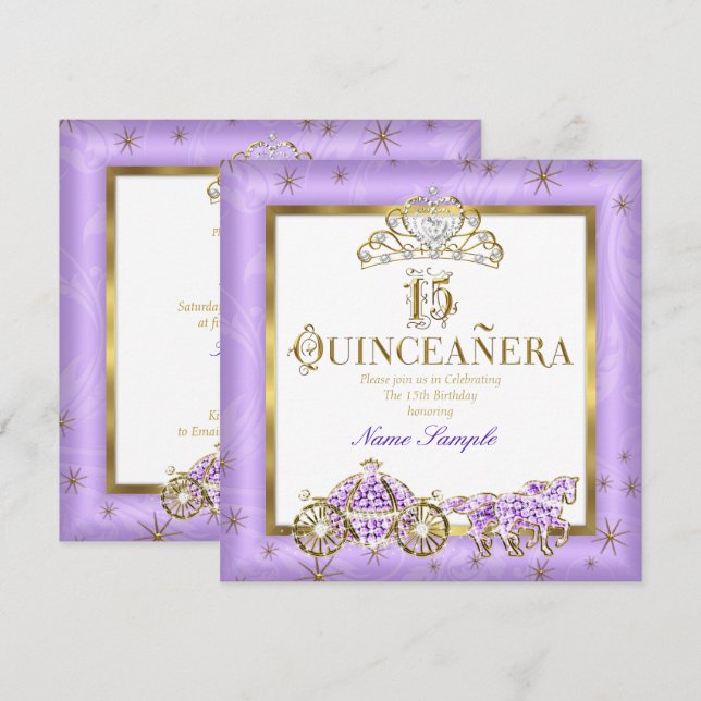 Quinceanera 15th Purple Gold Tiara Horse Carriage Invitation (Front/Back)