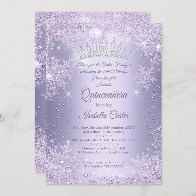 Quinceanera 15th Purple Lilac Snowflake Winter Invitation (Front/Back)