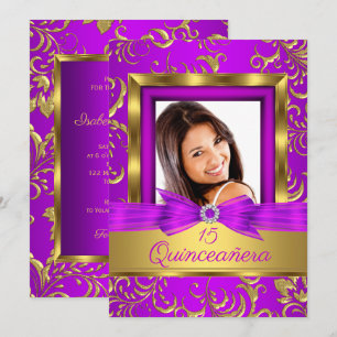 Quinceanera 15th Purple pink Gold Damask Photo Invitation