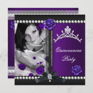 Quinceanera 15th Purple Rose Black Pearl Invitation