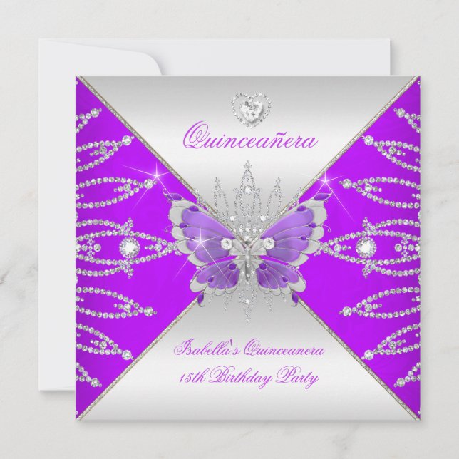 Quinceanera 15th Purple Silver Butterfly Tiara Invitation (Front)