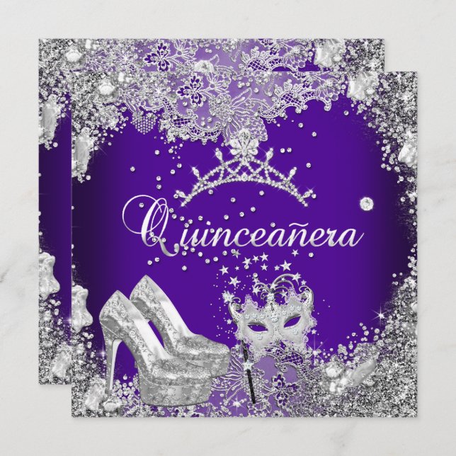 Quinceanera 15th Purple Silver Mask Tiara Invitation (Front/Back)