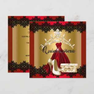 Quinceanera 15th Red Black Gold Diamond Tiara Invitation
